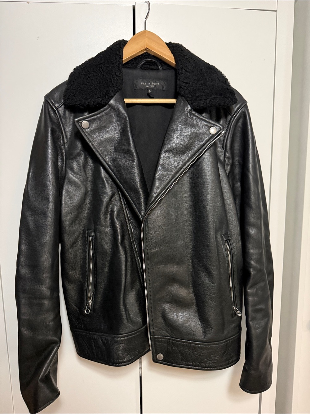 rag & bone Black Leather Bomber Jacket with Shearling Collar